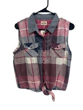 Black Poppy Large Sleeveless Plaid Button-Down Tie-Front Shirt Grungecore
